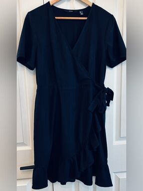 Vero Moda Navy Linen Blend Faux Wrap Dress L Summer EUC